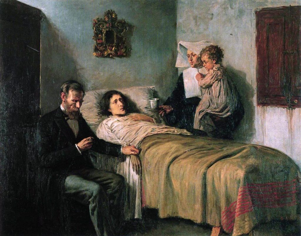 Tableau de jeunesse de Picasso représentant un médecin et une nonne au chevet d'un malade