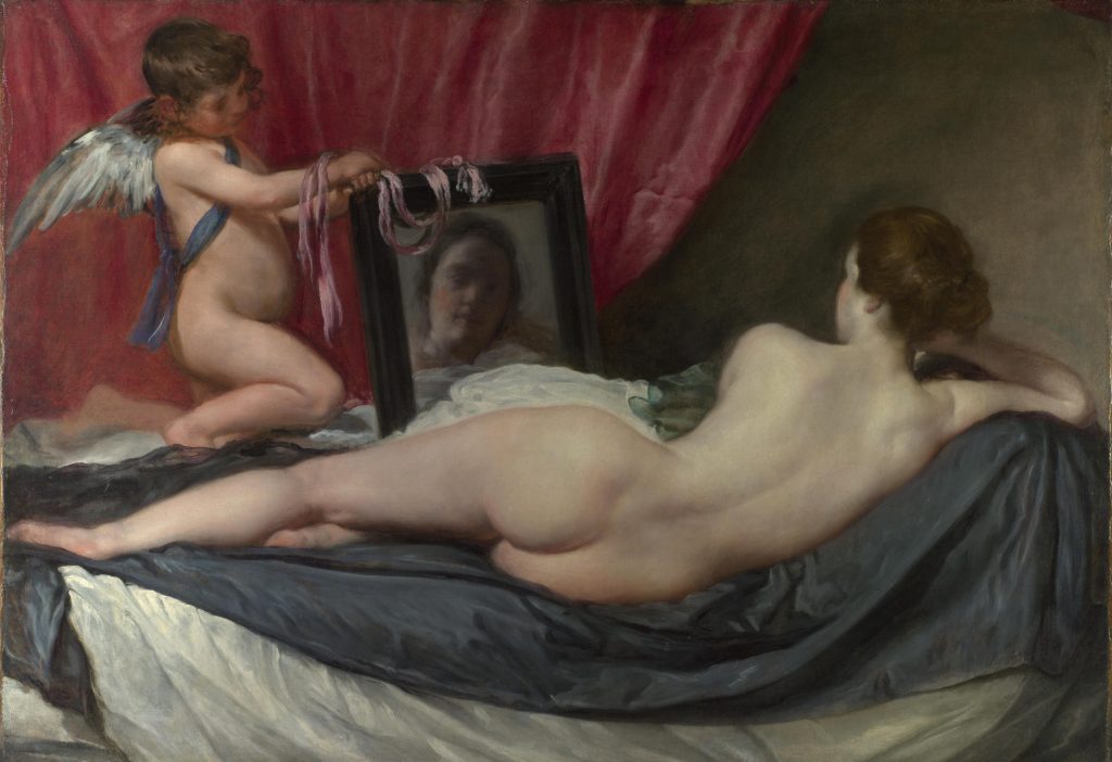Tableau de Diego Velásquez représentant Vénus allongée nue sur un lit, dos au spectateur, le reflet de son visage nous étant offert par un miroir tenu par Cupidon.