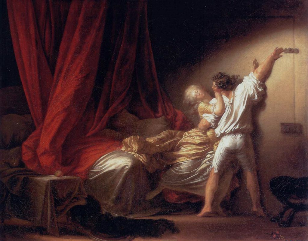Le Verrou, tableau de Fragonard représentant un couple s'apprêtant à s'ébattre, l'homme fermant le verrou de la porte.